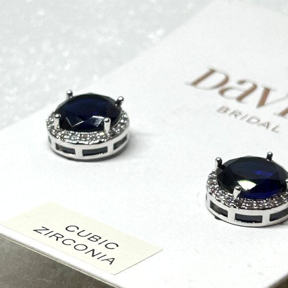 David's Bridal Cubic Zirconia Sapphire Blue Halo Post Earrings NWT - Picture 4 of 8